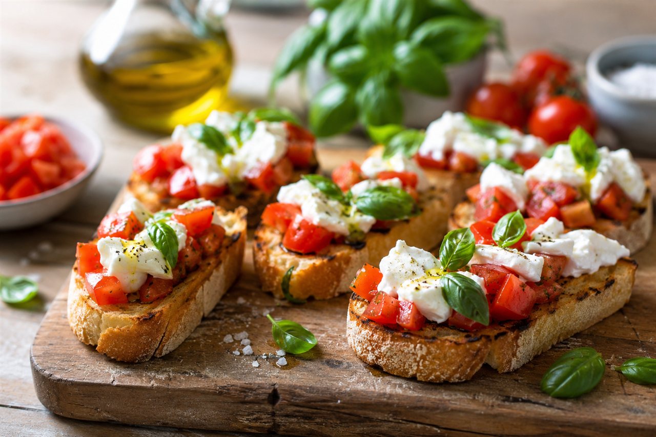 Bruschetta tomates, basilic & Mozzarella di Bufala, recette du Café des Antiquaires